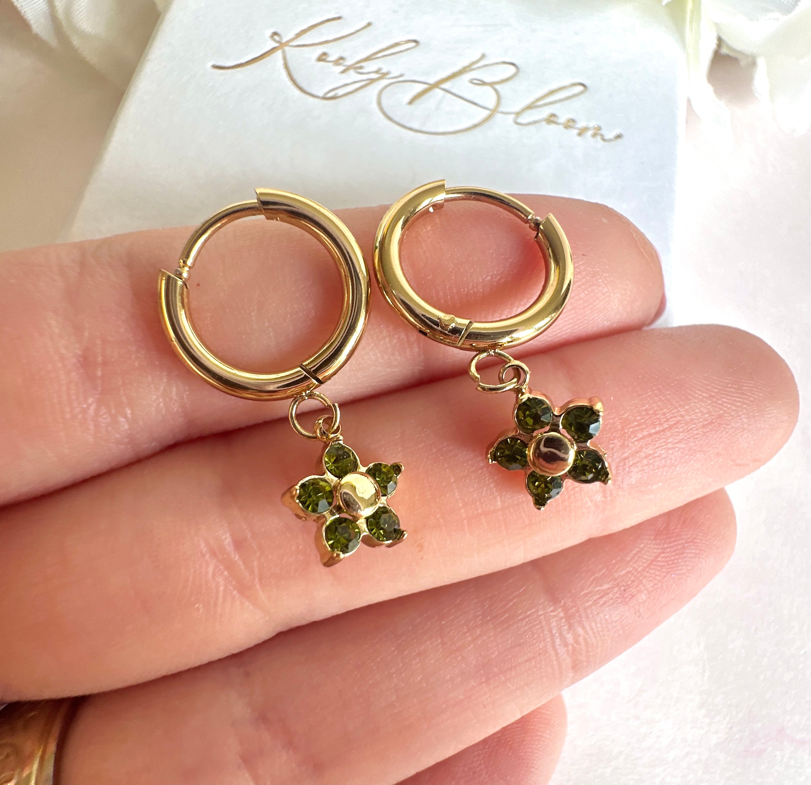 Gold olive green CZ flower huggie hoop earrings