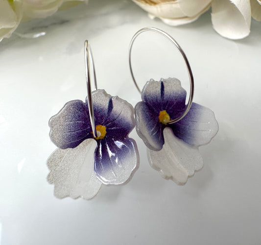 925 Sterling Silver Pansy Flower Hoop earrings.