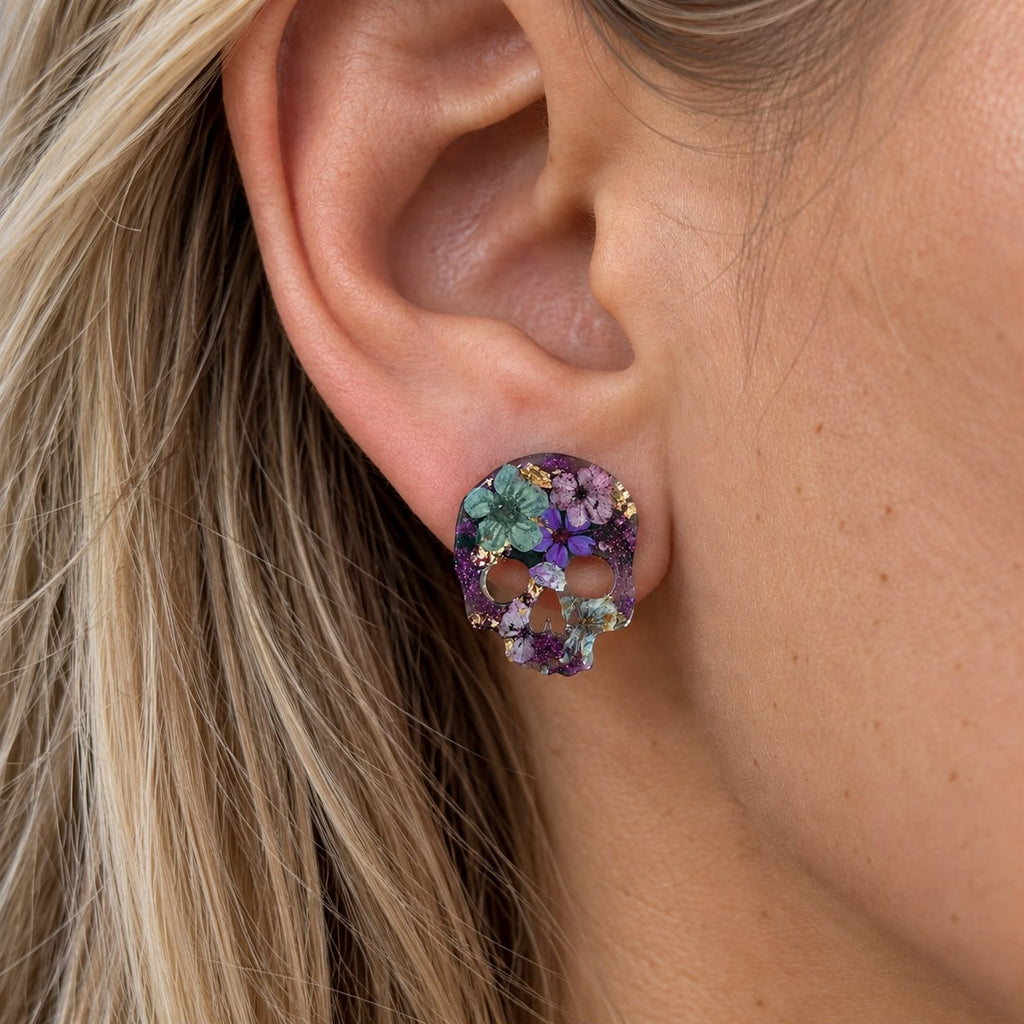 Mini Nightshade bloom Skull stud earrings