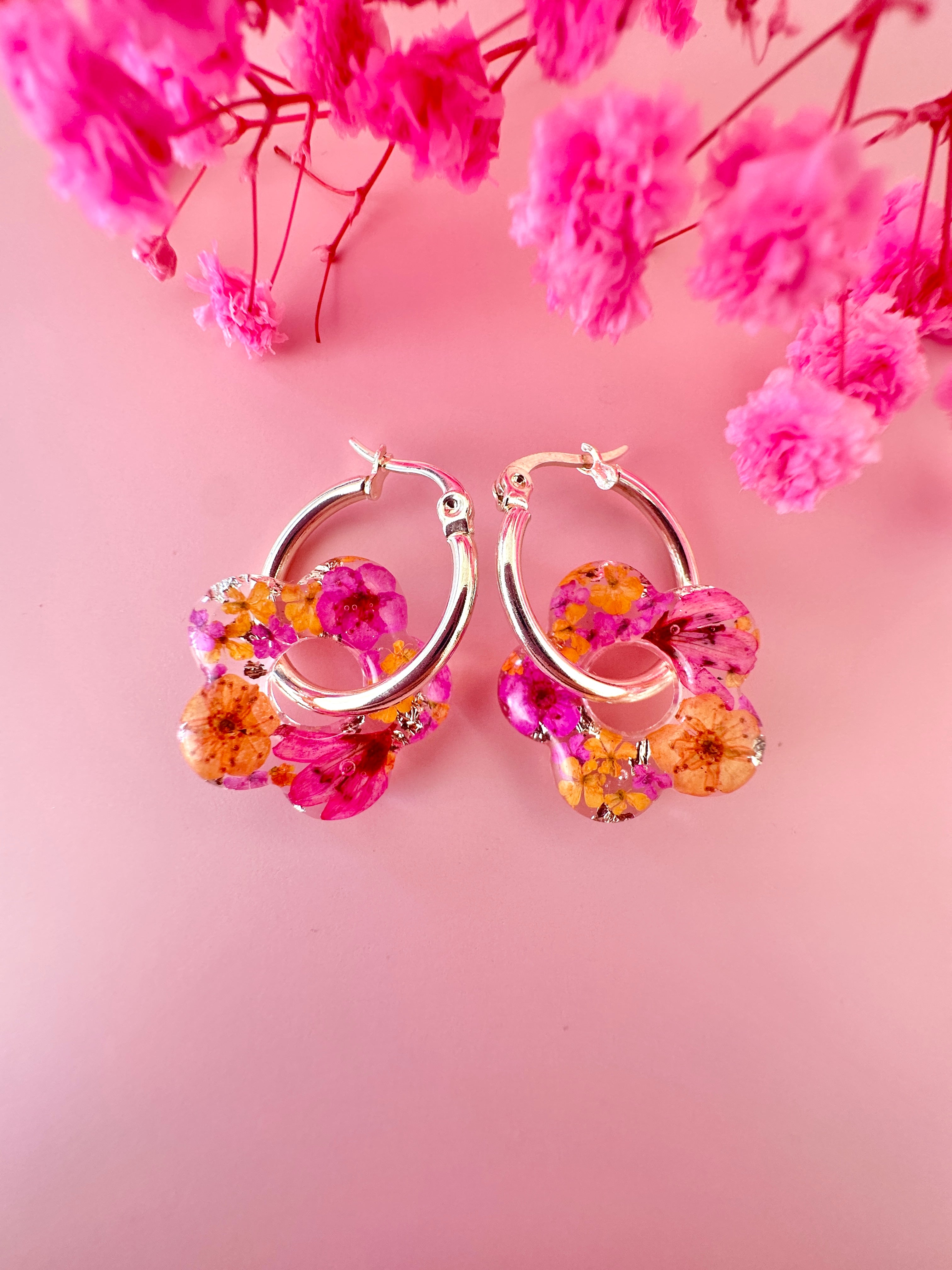 Citrus Pink Bloom Flower Hoop earrings.