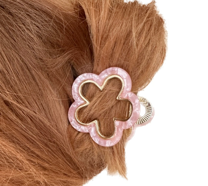 Pink Marble Flower Gold claw hair clip.