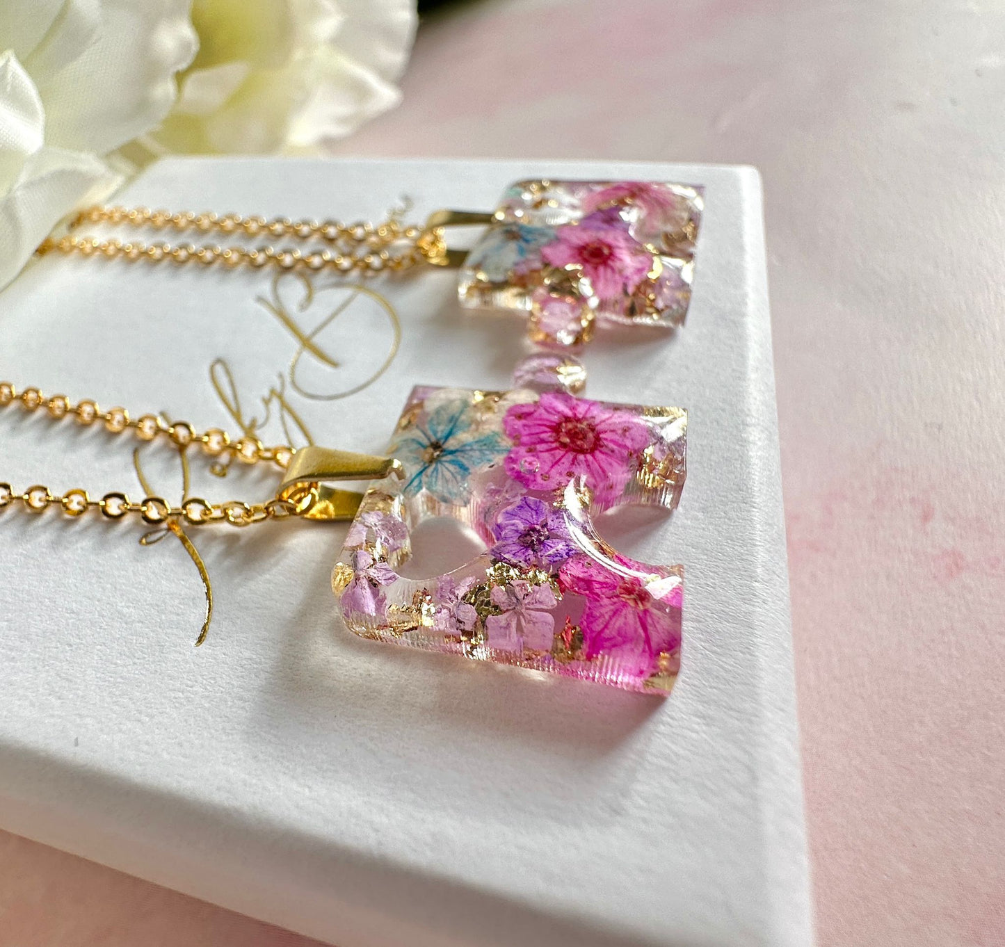 Gold real flower Jigsaw puzzle piece necklace.