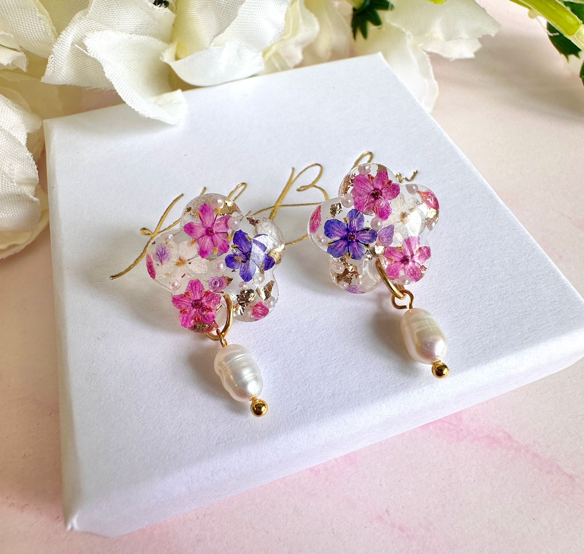 Purple pink Flower pearl drop studs.