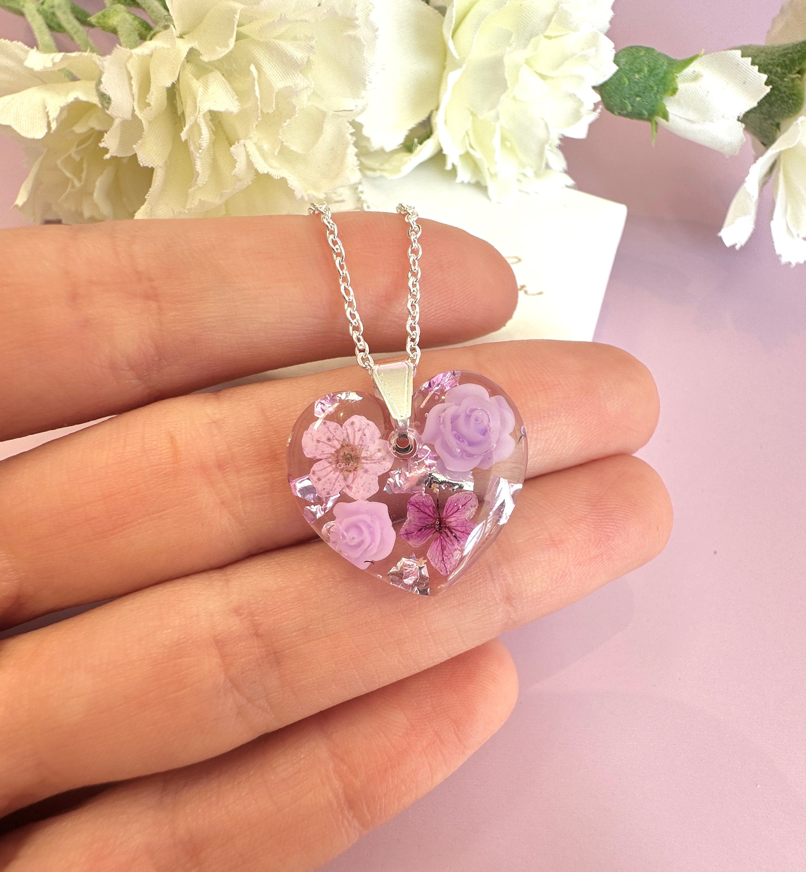 Silver Lilac Rose blossom Heart necklace.