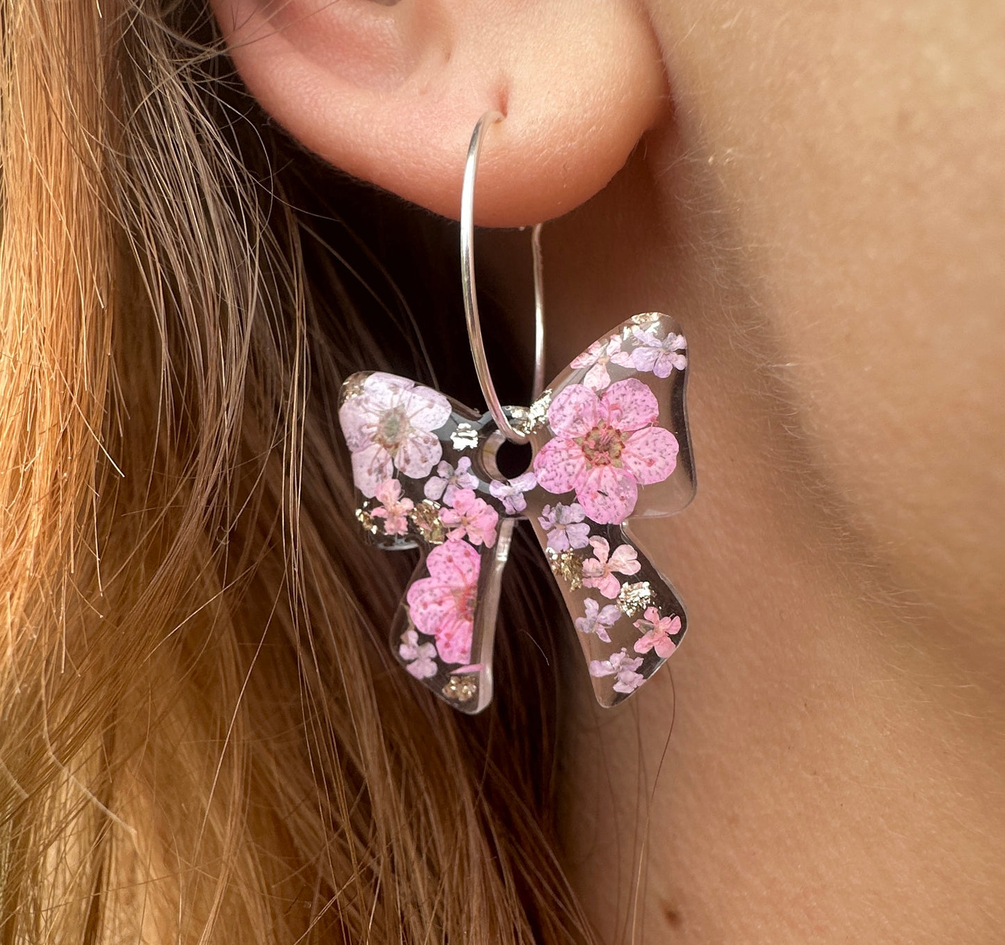 Pink Lilac Bloom Bow Hoop earrings.