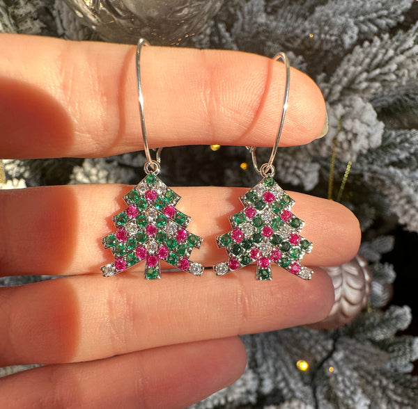 Silver Diamanté Pink Green Christmas Tree Hoop earrings.