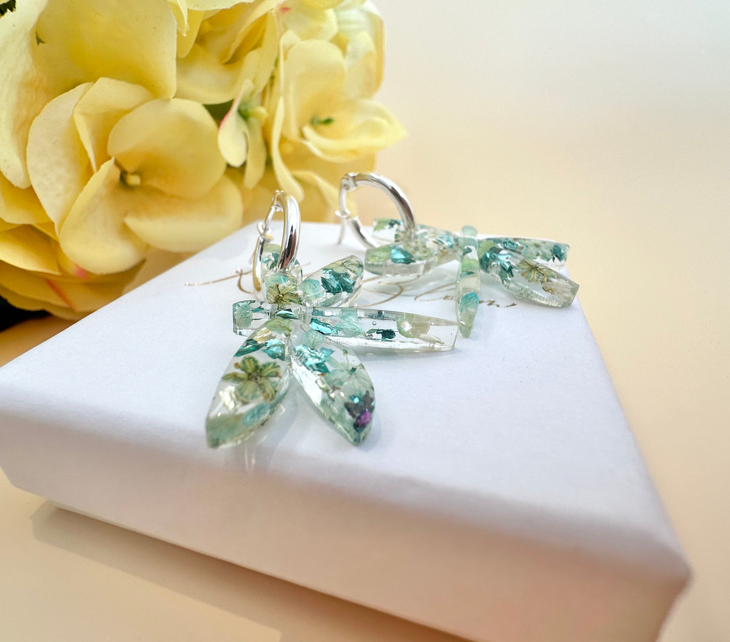 Dragonfly blue green Flower hoop earrings.