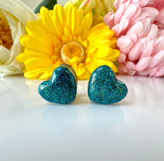 Blue glitter Double sided heart Gold Earrings.
