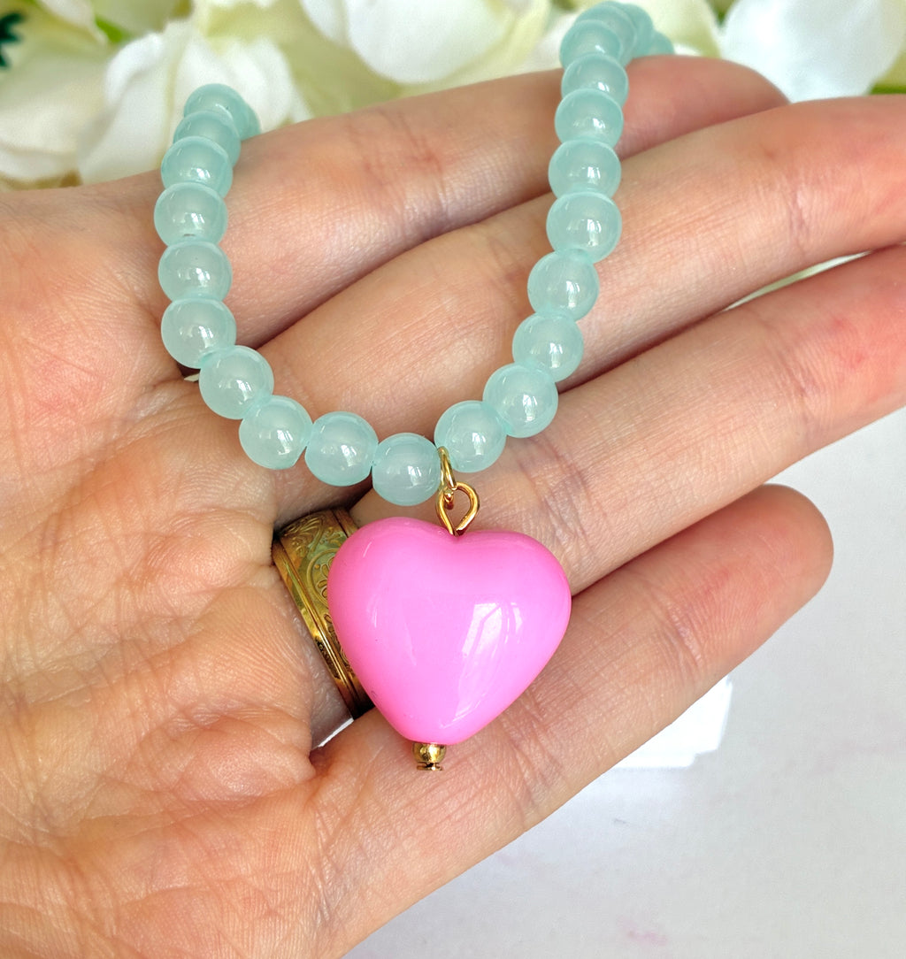 Glass Pale Blue beaded Pink heart necklace.