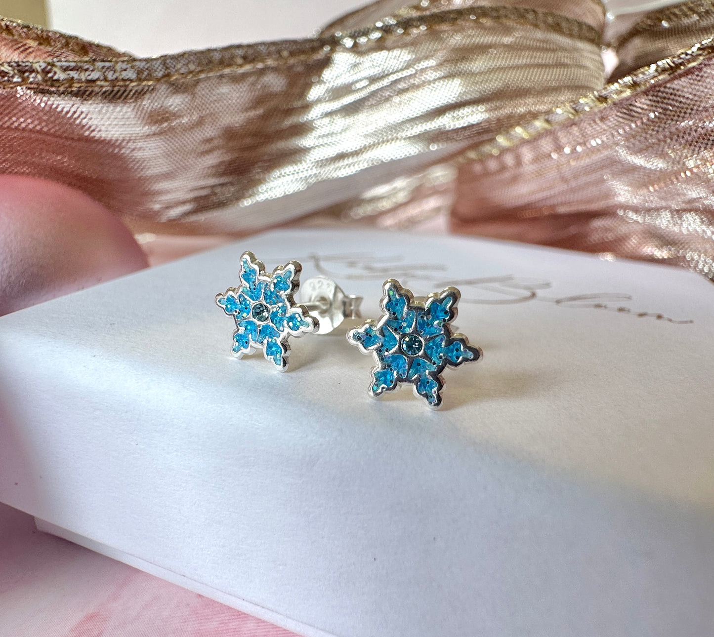 925 sterling silver Blue Glitter Snowflake stud earrings.