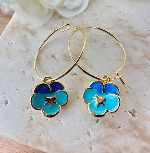 Blue Voila flower Gold Hoop earrings.