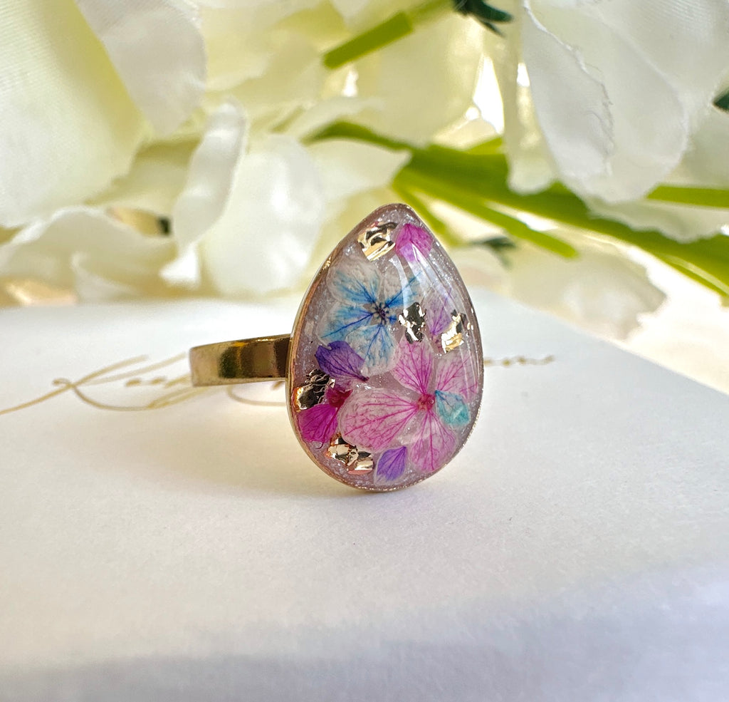 Gold Pink Blue Blossom flower Teardrop ring.