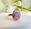 Gold Pink Blue Blossom flower Teardrop ring.