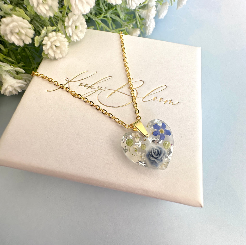 Gold Powder blue Forget me not Mini heart Necklace