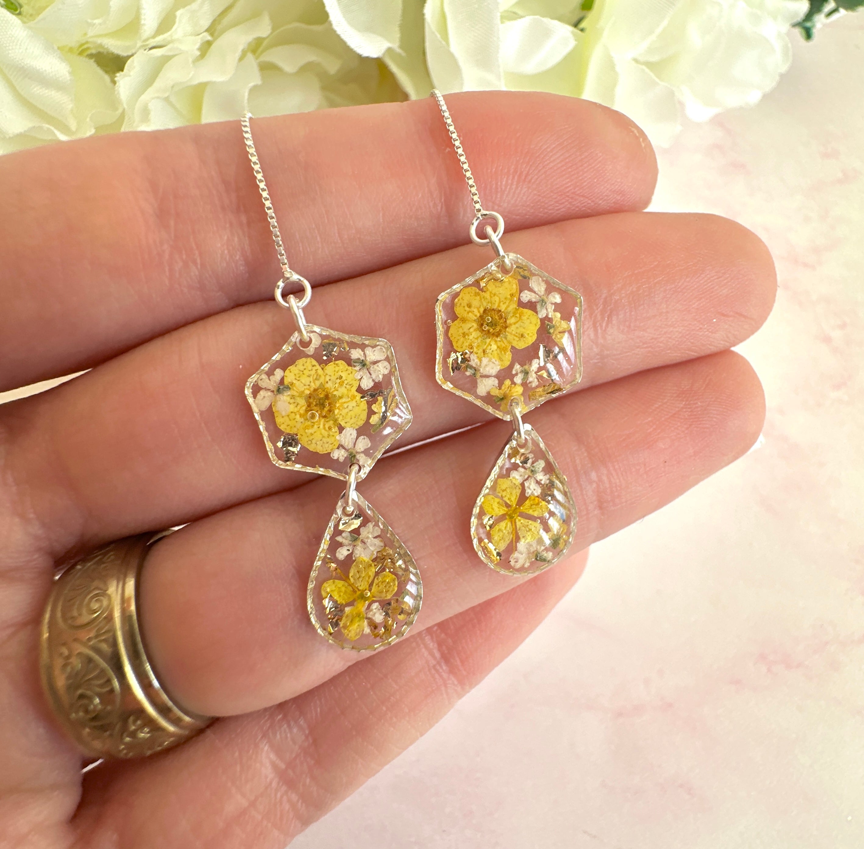 *Limited Edition* Yellow Blossom flower Thread through silver earrings.