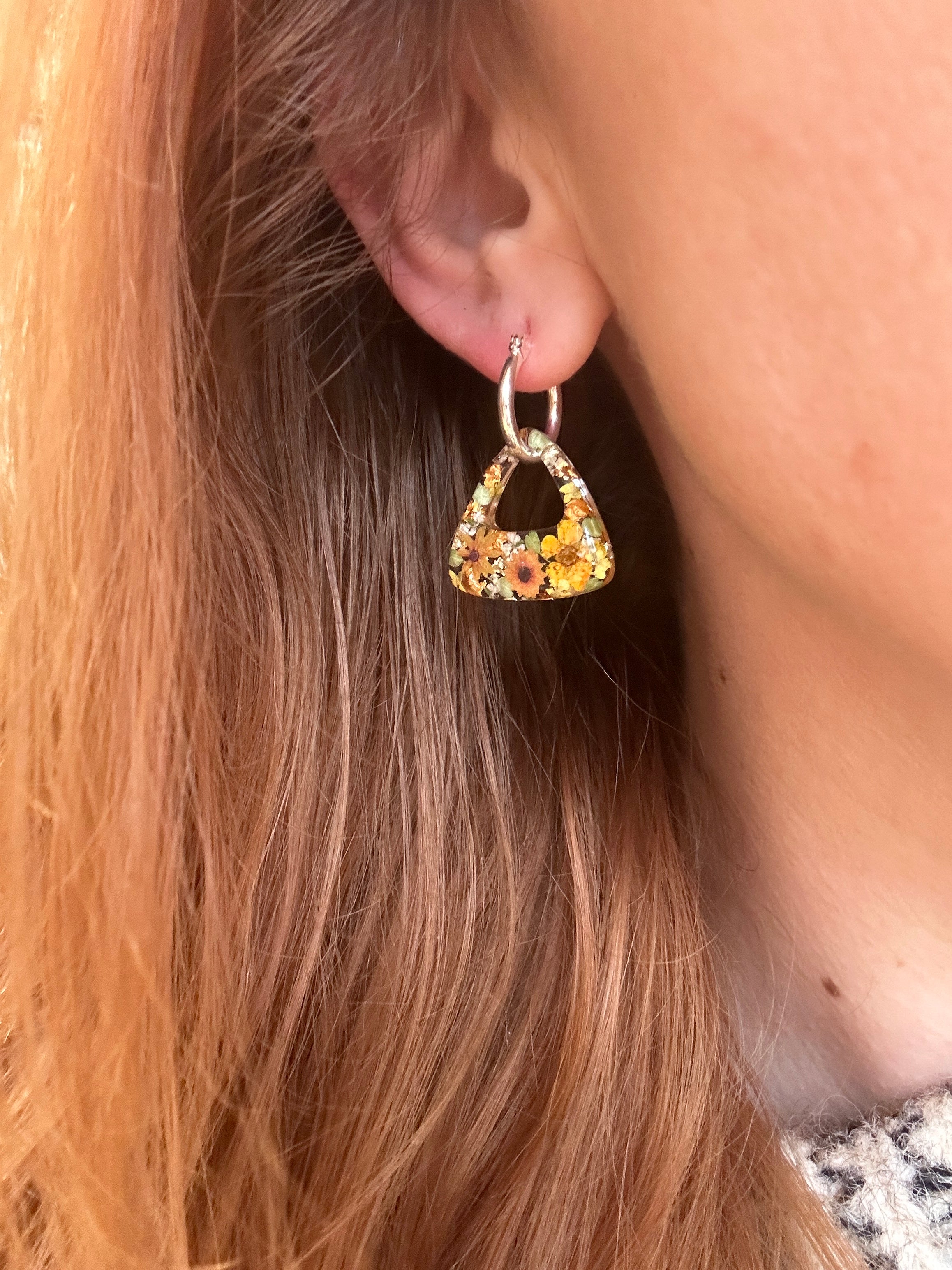 Sunflower Triangle bloom hoop earrings.
