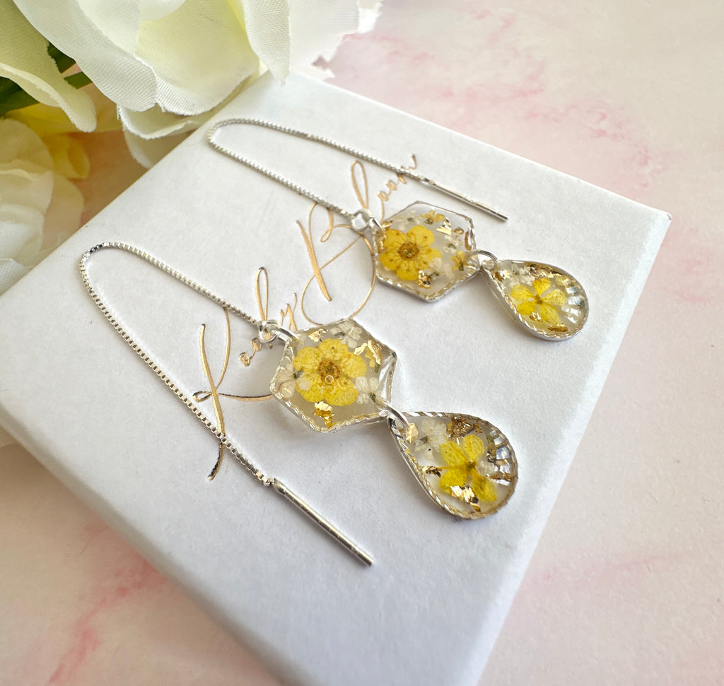 *Limited Edition* Yellow Blossom flower Thread through silver earrings.