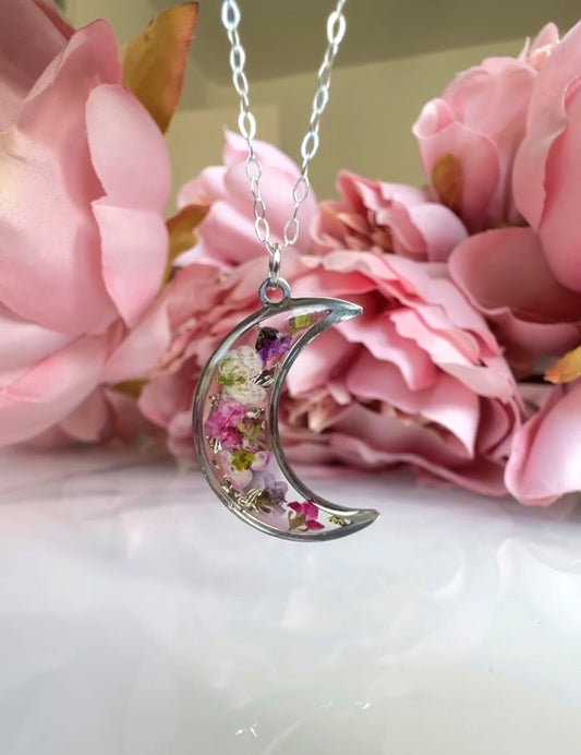 Silver Sweet Pea Flower Moon Necklace.