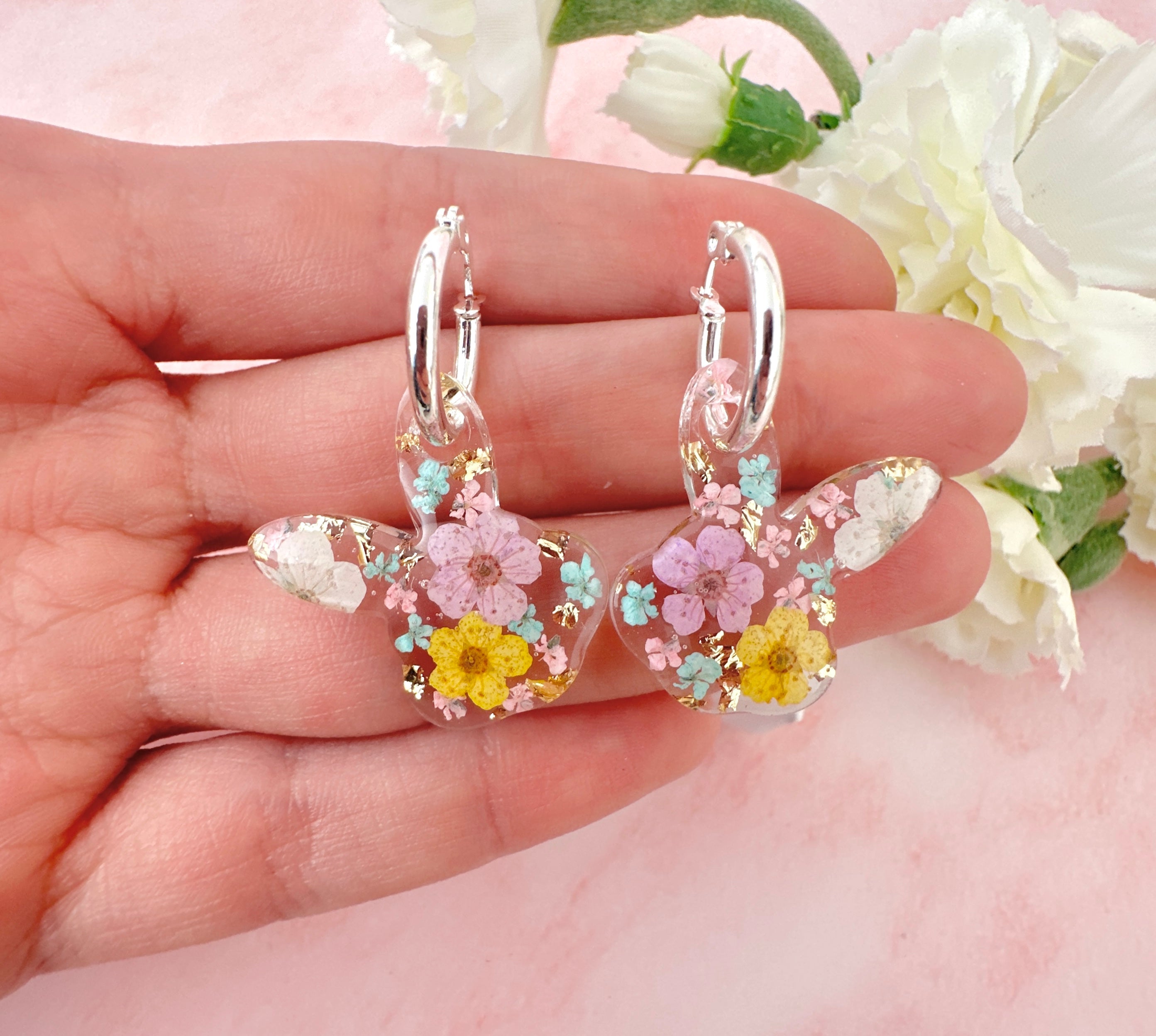 Pastel flower chunky Bunny hoop earrings.