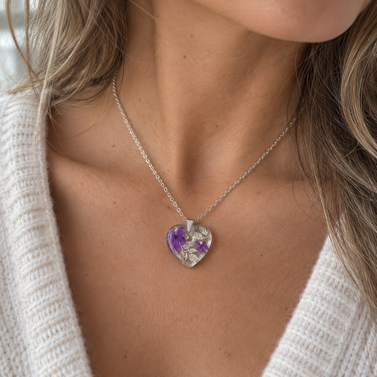 Silver Frosted Violet heart necklace.