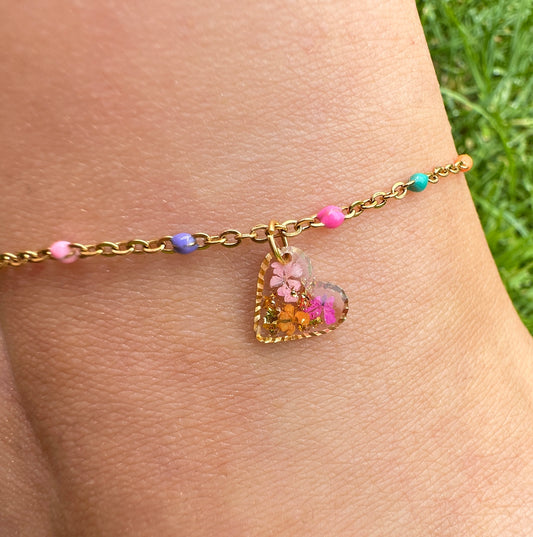 Gold Rainbow Confetti heart Anklet.