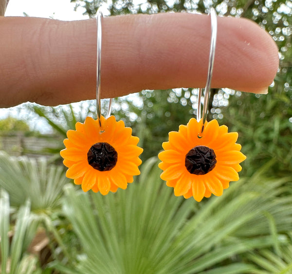Sunflower resin Sterling silver Hoop earrings.