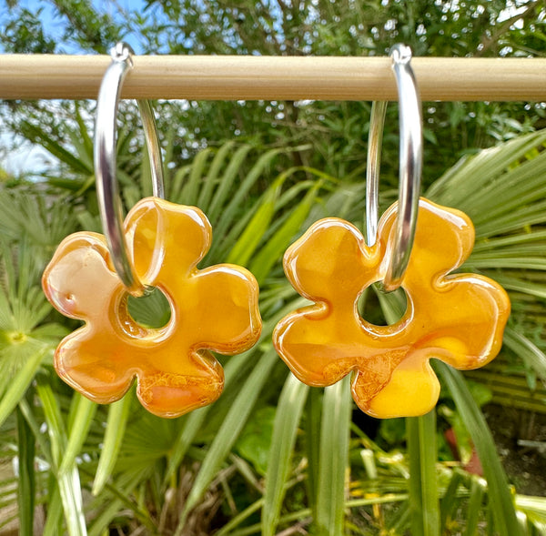 Yellow glazed ceramic Flower Hoop earrings.