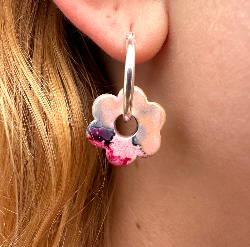 Mottled Pink Mini Ceramic flower hoop earrings.