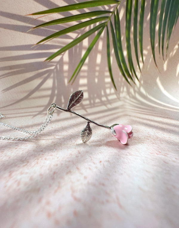 Silver Pink Rose flower necklace.