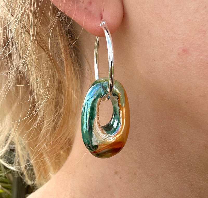 Oval orange green marble glazed ceramic Hoop earrings.