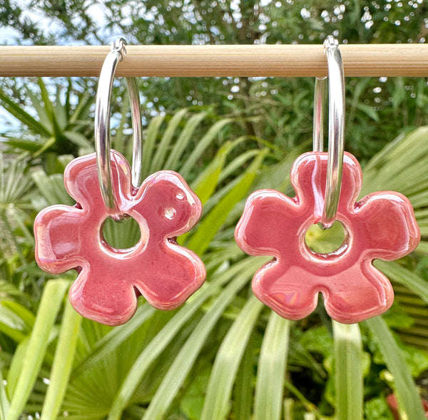 Pink glazed ceramic Flower Hoop earrings.