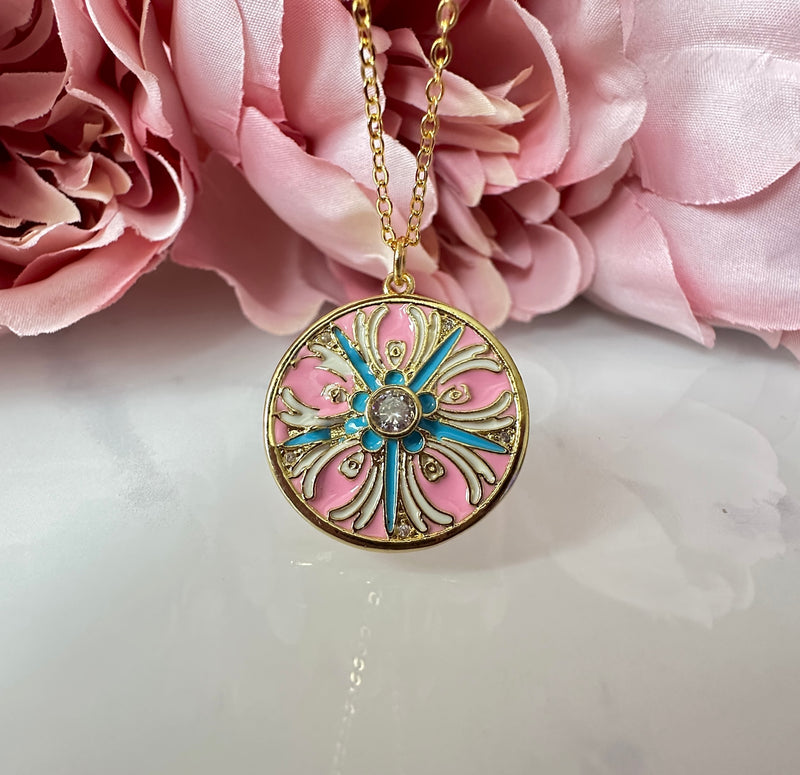 Pink Blue enamel pattern Gold necklace.