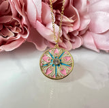 Pink Blue enamel pattern Gold necklace.