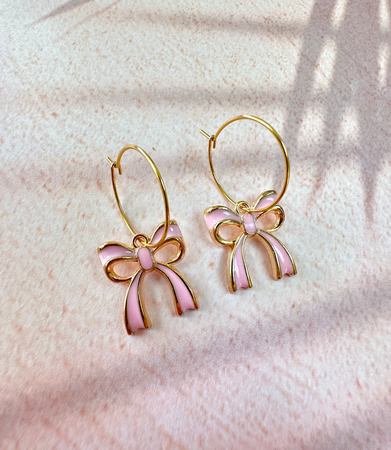 Pink Ribbon Bow Gold Hoop earrings.