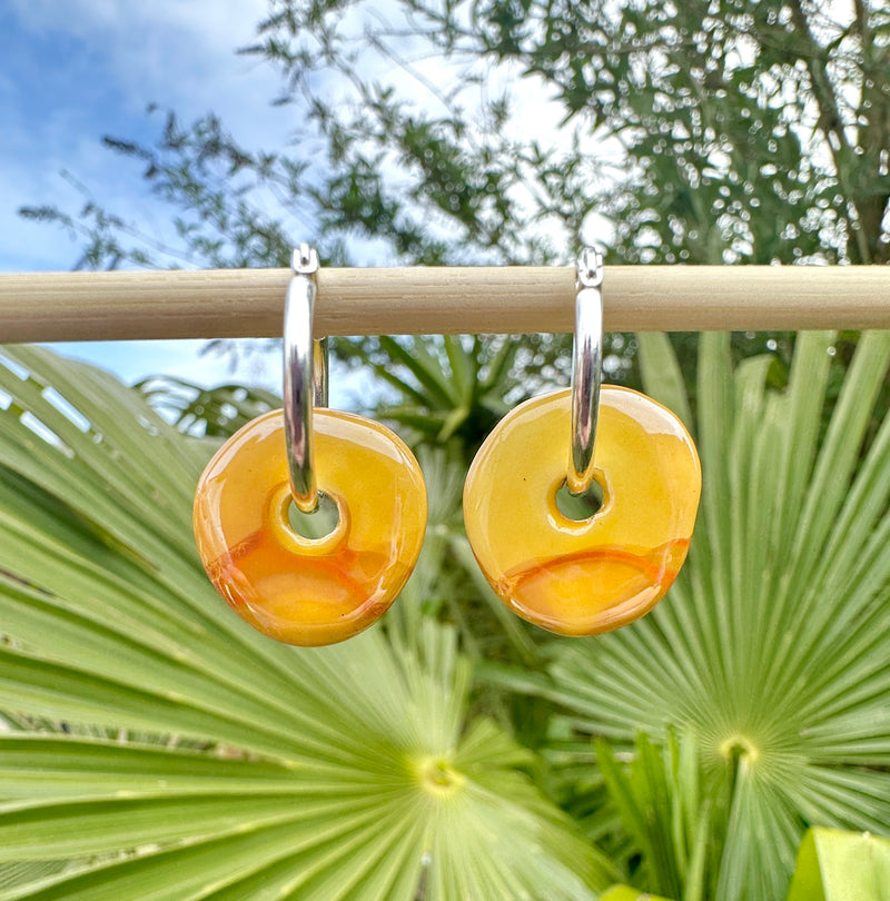 Yellow glazed ceramic Donut Hoop earrings.