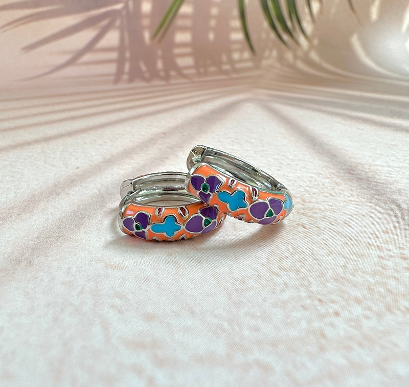 Silver Orange Floral Enamel Huggie Hoop earrings.