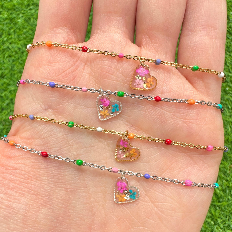 Real flower confetti heart enamel bead necklace.