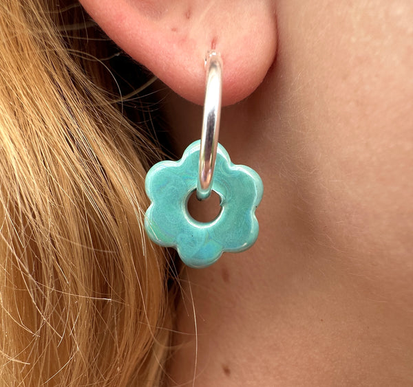 Turquoise Mini Ceramic flower hoop earrings.