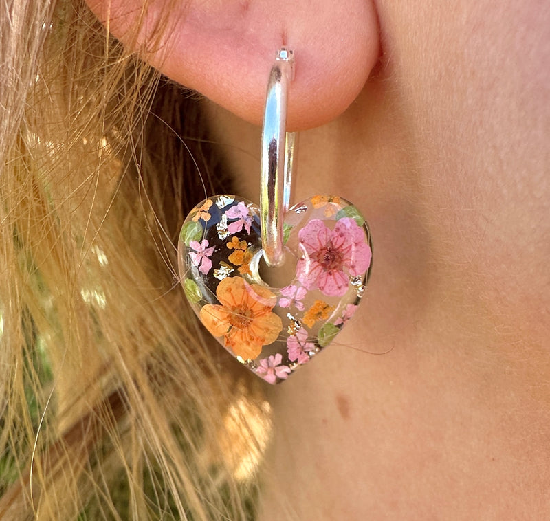 Tangerine Dream Flower Heart Hoop earrings.