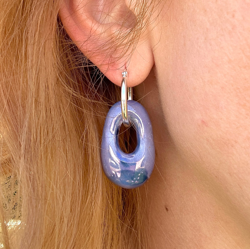 Oval Blue glazed ceramic Hoop earrings.