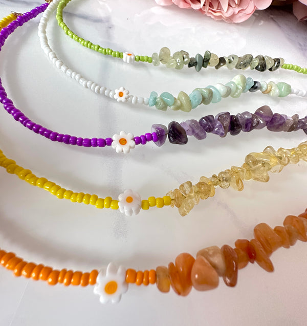 Natural gemstone flower glass beaded necklace.  .