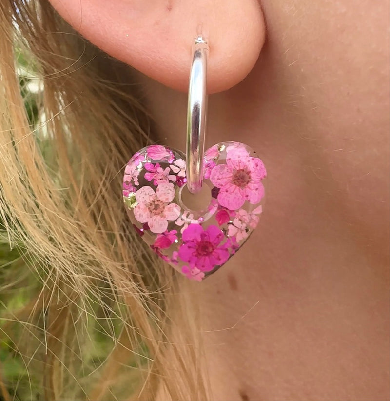 Pretty in pink Flower Heart Hoop earrings.
