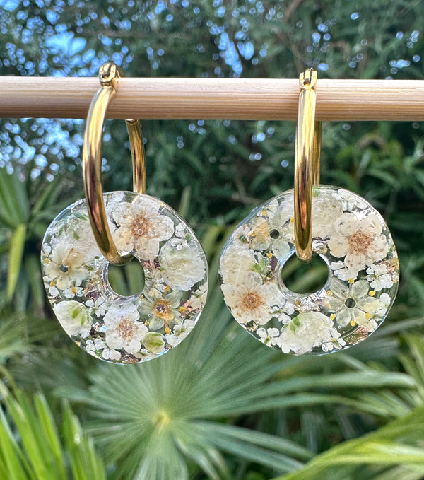 Ivory Flower Donut Gold Hoop earrings.