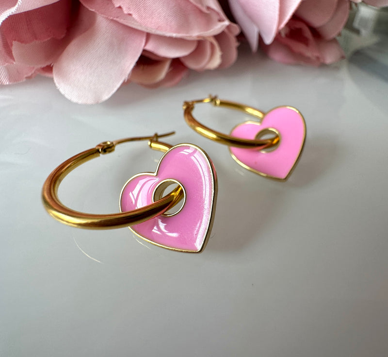 Barbie pink heart gold Huggie earrings.