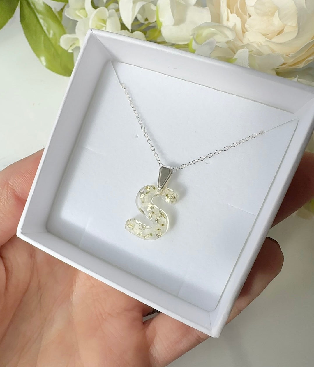 Silver Preserved Lace Flower Custom Initial Necklace