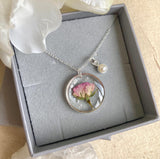 The “June” real Rose flower & Pearl birthstone necklace. .