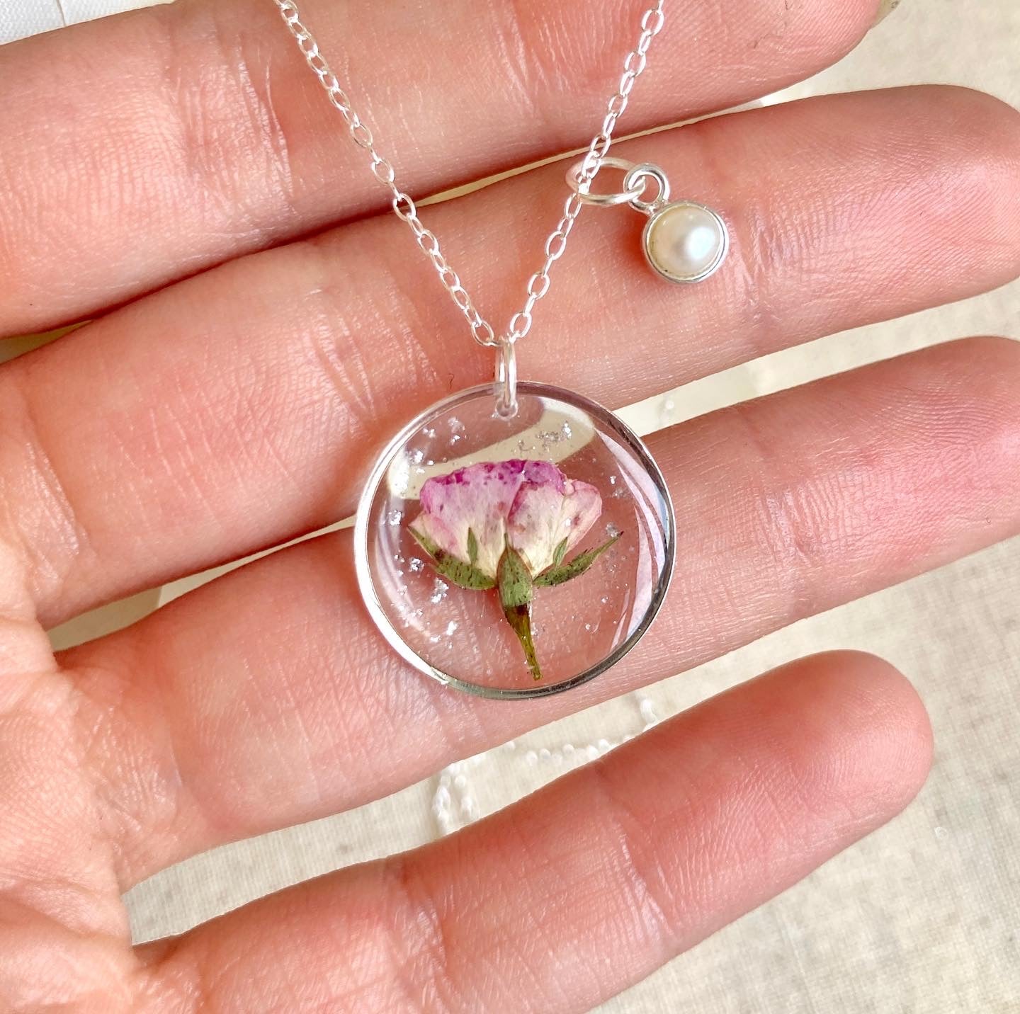 The “June” real Rose flower & Pearl birthstone necklace. .