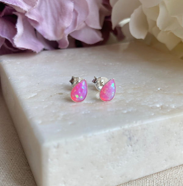 925 sterling silver Pink Opal teardrop stud earrings.