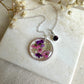 February Amethyst crystal birthstone real flower necklace.