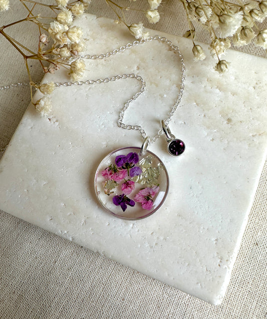 February Amethyst crystal birthstone real flower necklace.
